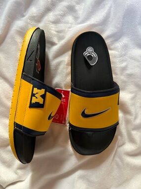 Nike Maize & Blue Slide Sandals with Michigan 'M' Patch